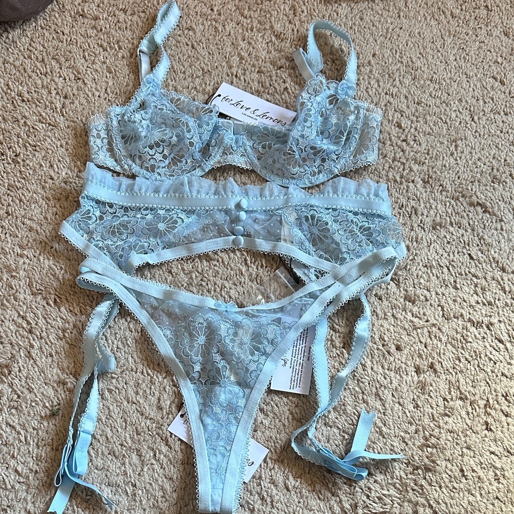 For Love & Lemons Pale Blue Floral Lace Lingerie Set with Garter